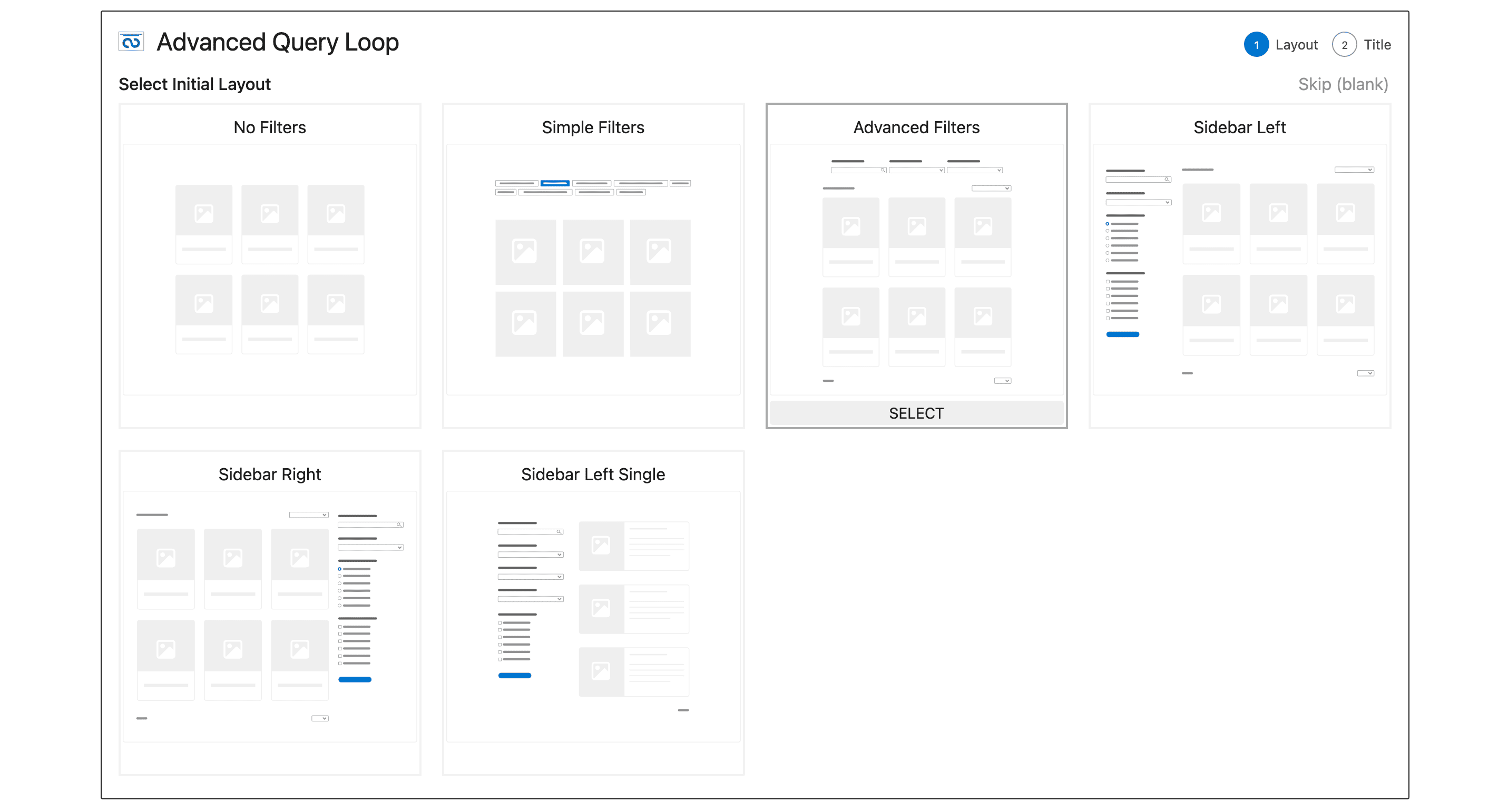 Query Loop onboarding flow showing different template options