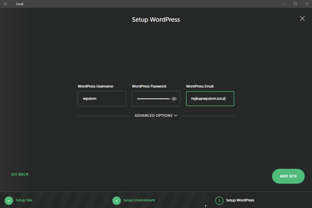 localwp instalacja wordpress na komputerze - login i hasło użytkownika